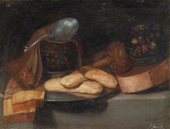 A Chocolate Service With A Wooden Box Of Packed Chocolate, Two Lacquered Gourd Drinking Bowls, A Wooden Milk Whisk, Napkins, A Spoon And Pastries On A Pewter Plate by 
																	Juan van der Hamen y Leon