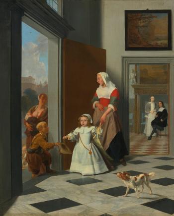 A Child And Nurse In The Foyer Of An Elegant Townhouse, The Parents Beyond by 
																	Jacob Ochtervelt