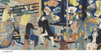 The Five Nations Enjoying a Drunken Revel at the Gankiro Tea-House by 
																	Utagawa Yoshiiku
