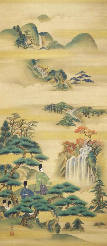 Courtiers beside pine trees looking at a waterfall by 
																	Kano Naganobu