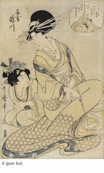 A group of nine designs of bijin, some forming parts of triptychs by 
																	Kitigawa Utamaro II