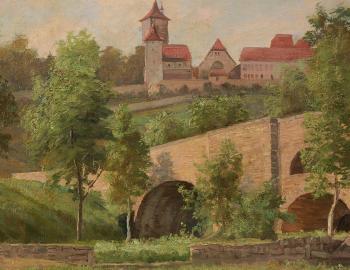 View of a bridge with distant fortified castle by 
																			Martin B Leisser