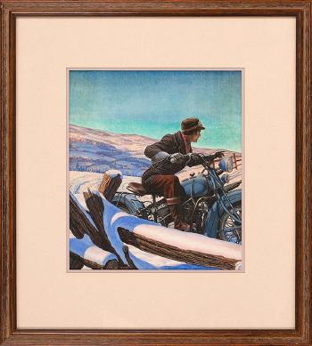 Man on an early motorcycle by 
																			Paul Rabut