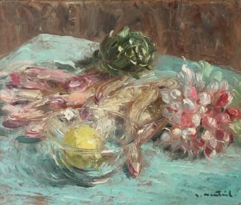 Still life with lemon in glass bowl by 
																			Louis Jacque-Monteil