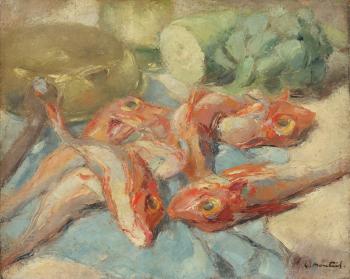 Still life with red fish and vegetables and skillet by 
																			Louis Jacque-Monteil