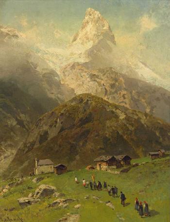 Prozession in einem Bergdorf, im Hintergrund das aufragende Matterhorn by 
																	Egon von Kameke