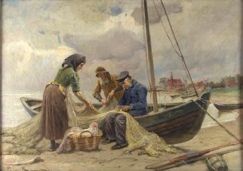 Fischer am Ufer beim Flicken der Netze by 
																	Friedrich Raupp