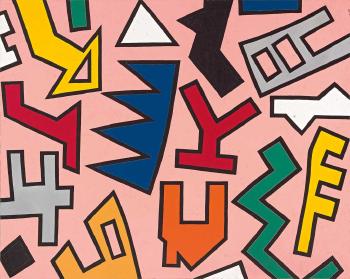 Komposition mit geometrischen Formen vor rosafarbenem Hintergrund by 
																	Hartmut Elbrecht