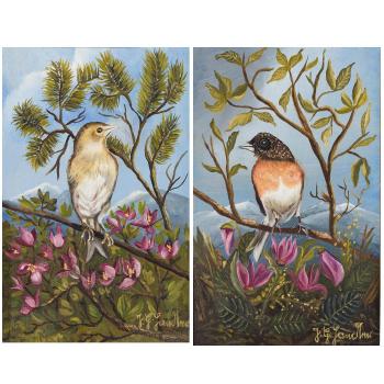 Gemälde mit Vögeln auf Zweigen vor Landschaftshintergrund by 
																			Gertraud Handler-Lindner