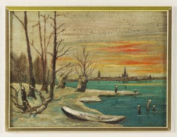 Uferstück mit Kahn im Winter by 
																	Karl Einhart