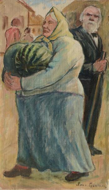 Older woman carrying watermelon by 
																			Ivan Garikov