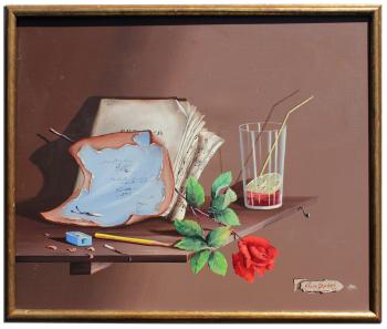 Still life with musical notes, rose, finished drink, pencil, and sharpener by 
																			Alfano Dardari