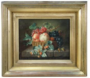 Still life of red and black grapes, walnuts, cobnuts, raspberries in a basket on a stone ledge. Still life of roses in a basket by 
																			Amalie Karcher