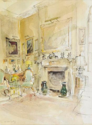 Study of a fine drawing room with classical fireplace by 
																	Francoise van Lynden
