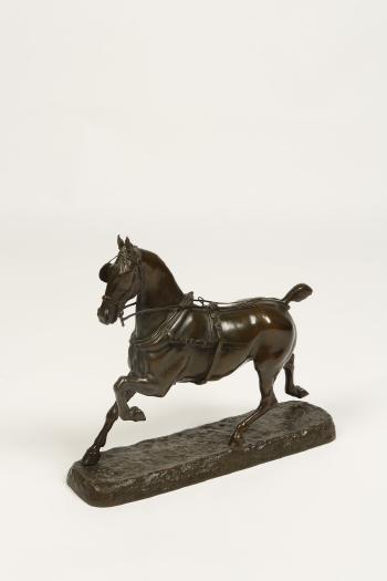 Horse wearing harness and blinkers, in a trotting pose by 
																	Georges Malissard