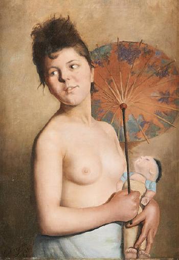Jeune fille au torse dénudé à la poupée chinoise by 
																	Georges Hanssens