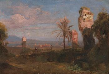 Südliche Landschaft mit Ruinen und Palmen by 
																	Friedrich August Elsasser