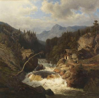 Gebirgslandschaft mit Jägersmann am tosenden Fluss by 
																	Leonhard Rausch