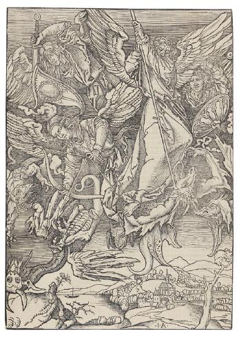 Michaels Kampf mit dem Engel (nach Dürer) by 
																	Giovanni Andrea Vavassore