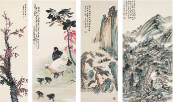 Dwelling in mountains; Scholar sitting in mountains, chicken group; Red plum blossom by 
																	 Fan Zhixuan