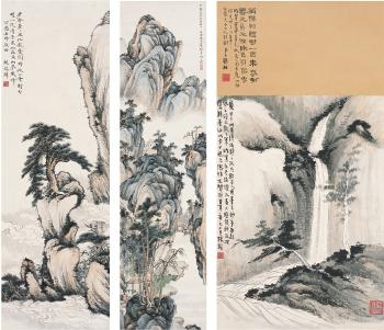 Old pine tree; Pine tree on the mountain; Waterfall in mountains by 
																	 Bao Xilin