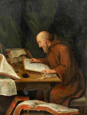 Franciscan as Astrologer with Cards and Tornes by 
																			Anton Friedrich Harms