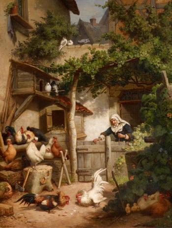 Quarrel in the Chicken Yard by 
																			Gustav Konrad Sus