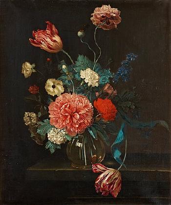 Still life with tulips, peonies and carnation by 
																			Hendrik de Fromantiou