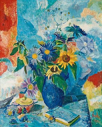 Still life with flowers in blue vase by 
																	Erik Jerken