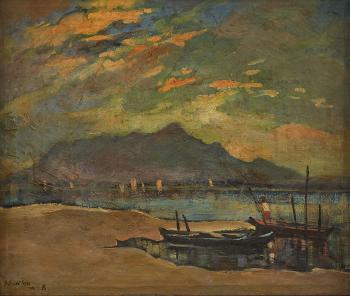 Hilly Coastal Scene With Fisherman in rowing boat by 
																	 Yong Mun Sen