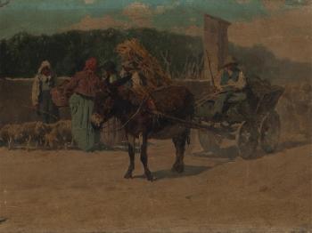 Farmer On Donkey Cart by 
																			Pietro Pajetta