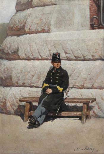 Soldat se reposant sur un banc devant la caserne by 
																			Leon Eugene Abry