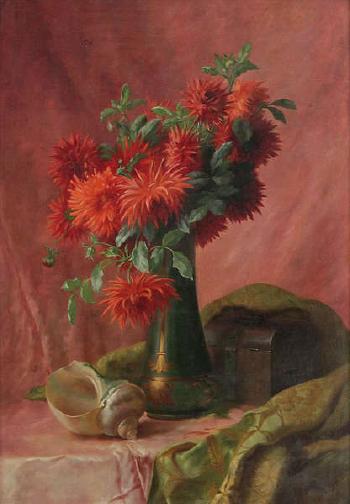 Still life with red peony in a vase, a nautilus shell and a jewelry box on the table by 
																	Edward van Ryswyck