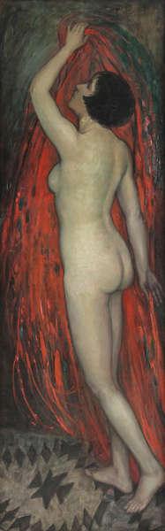 Standing nude met red dress in her hands by 
																	Edmond van Offel