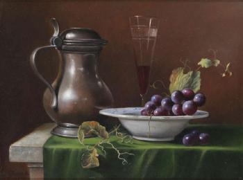 Still life with jug and grapes by 
																	Hilaire Bals