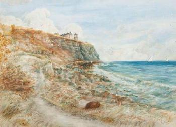 Coastal Landscape with Cliffs and Lighthouse by 
																	Annie Swynnerton