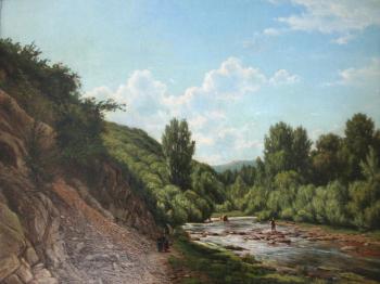 River landscape scene with a man spear fishing by 
																	Jacob Jan van der Maaten