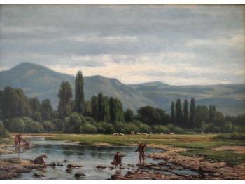Figures fishing in a landscape, with distant hills by 
																	Jacob Jan van der Maaten