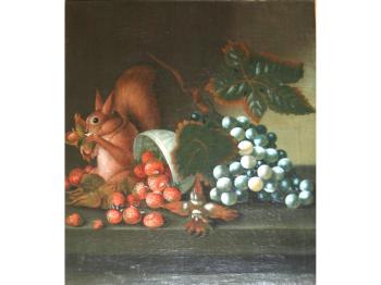 A squirrel eating cobnuts on a ledge, strawberries and grapes nearby by 
																	William Jones of Bath