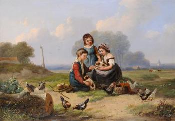 Three Children with Puppies and Chickens by 
																	Robert Favelle