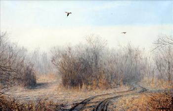 Pheasants above a wooded copse by 
																	Julian Novorol