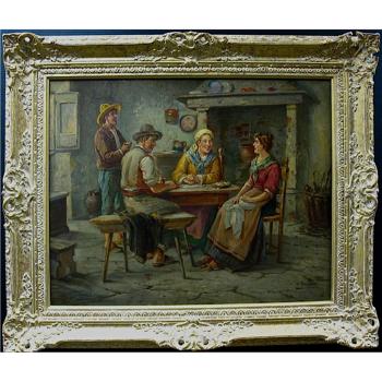 Countryfolk in a kitchen interior by 
																			Anton Raufer-Redwitz