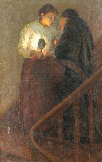 Begegnung zweier Damen im Treppenhaus im Schein einer Petroleumlampe by 
																	Georg Jauss