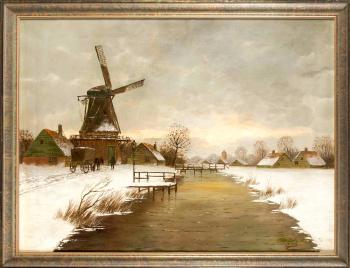 Stimmungsvolle Winterlandschaft mit einer Mühle am Kanal u. Figurenstaffage by 
																	Harry Dureg