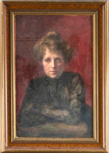 Portrait einer Dame en face vor rotem Hintergrund by 
																	Arthur Ludwig Ratzka