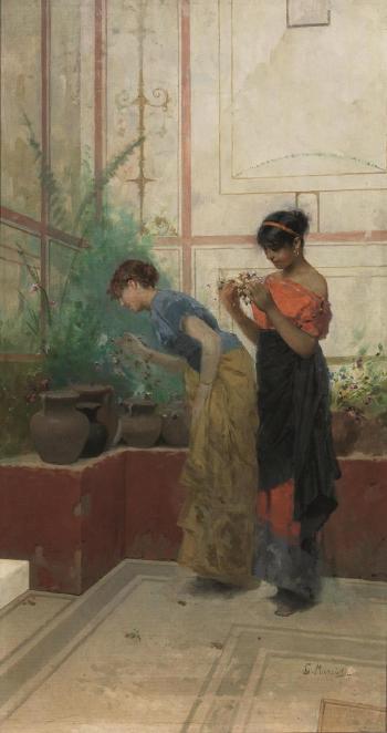 Fanciulle nel cortile che preparano i fiori by 
																	Giovanni Muzzioli