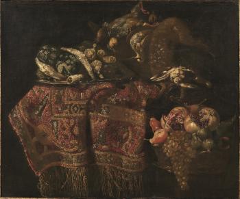 Natura morta con tappeto, vassoio con dolci, cacciogione e canestra di frutti by 
																	Francesco Noletti
