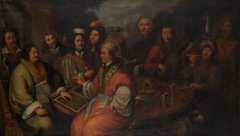 Ritratto di gruppo con giocatori di backgammon, falconieri, musici e tavola imbandita by 
																	Agostino Santagostino
