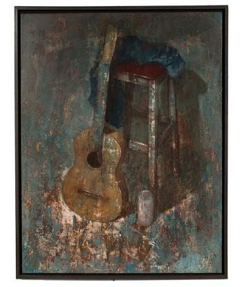 Guitar with blue drape and red stool by 
																	Alexandre Zlotnik