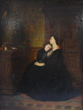 Two sisters embracing in interior setting by 
																			Ludwig Neustatter